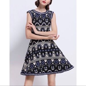 Vicky And Lucas Navy Woven Jacquard Fit & Flare Dress